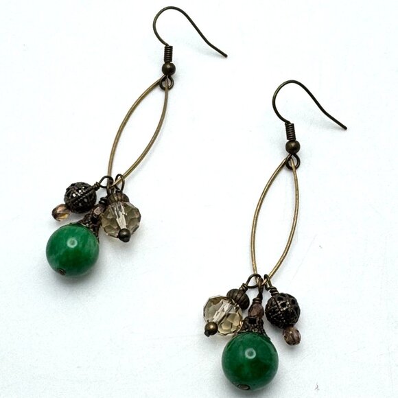 Handmade Green Gemstone & Bronze Dangle Earrings With Crystal Beads - Picture 5 of 7